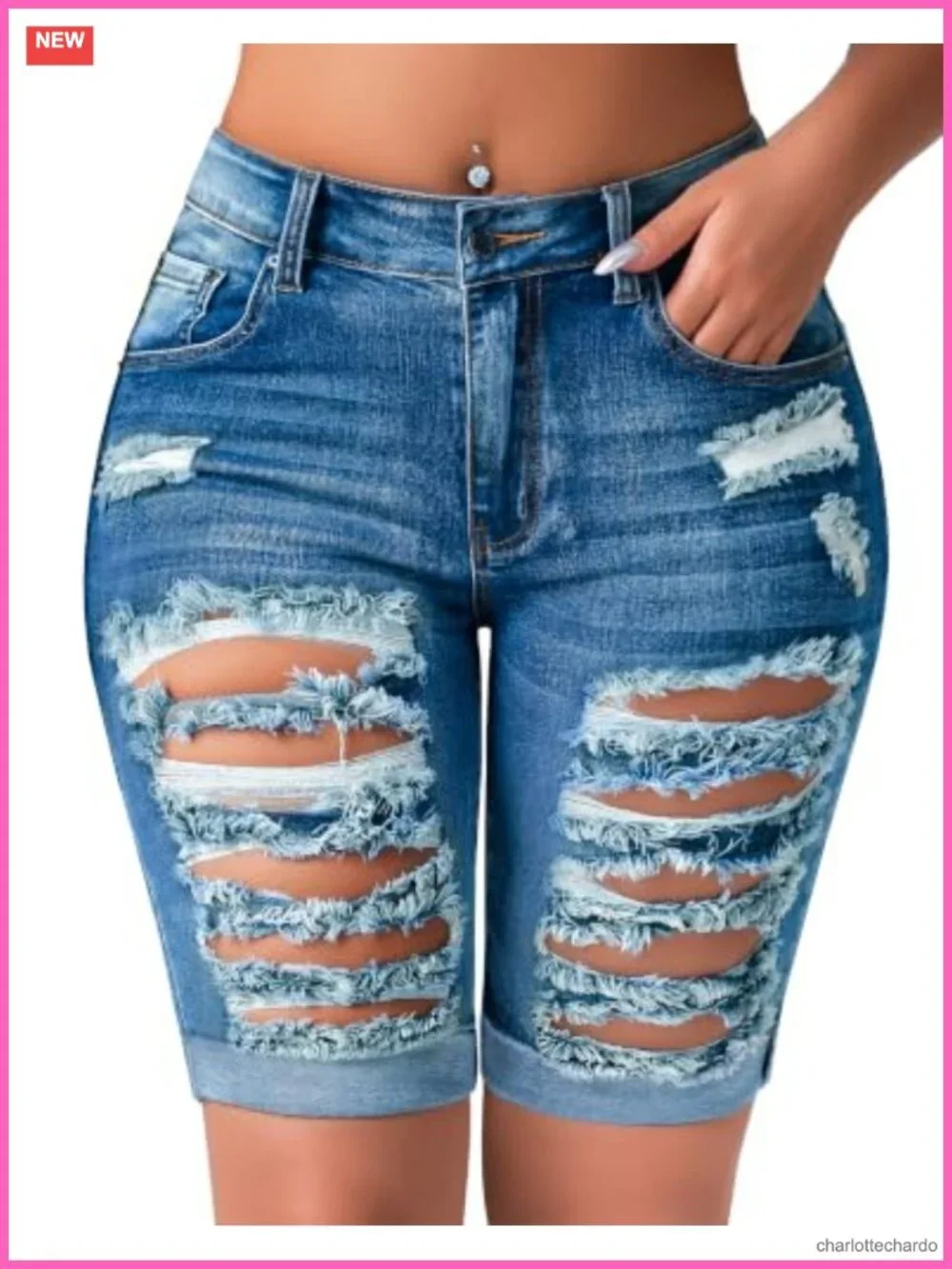 Distressed Jean Shorts with Rolled Hem High Stretch